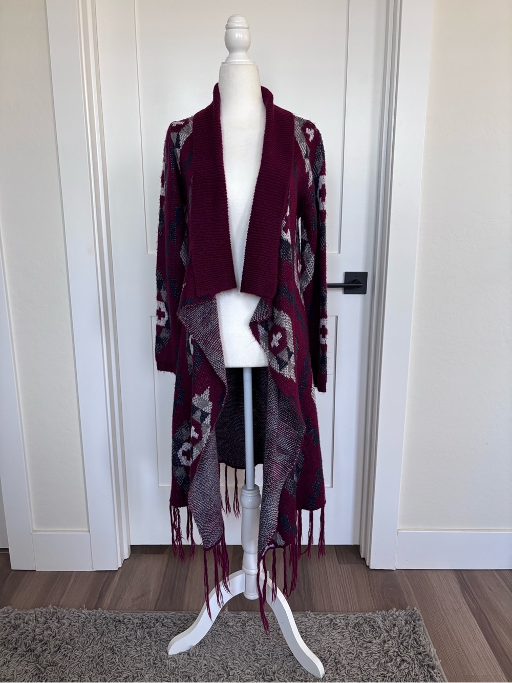Hannah Burgundy Aztec Open-Front Fringe Knit Cardigan